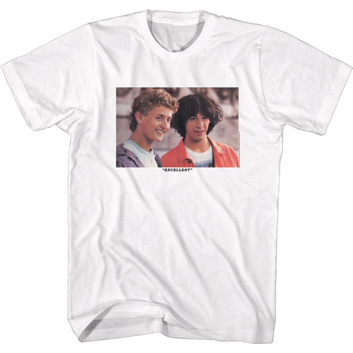 White Bill & Ted's Excellent Adventure t-shirt featuring Bill and Ted Excellent Heads portrait design