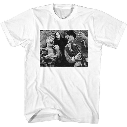White Bill & Ted's Excellent Adventure t-shirt featuring Bill and Ted and Death Bogus Journey design