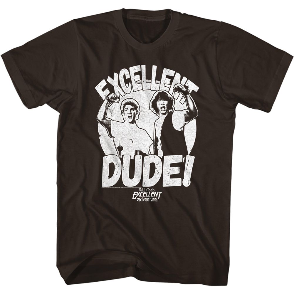Dark chocolate brown Bill & Ted's Excellent Adventure t-shirt featuring Bill & Ted Whtdudes comedy design