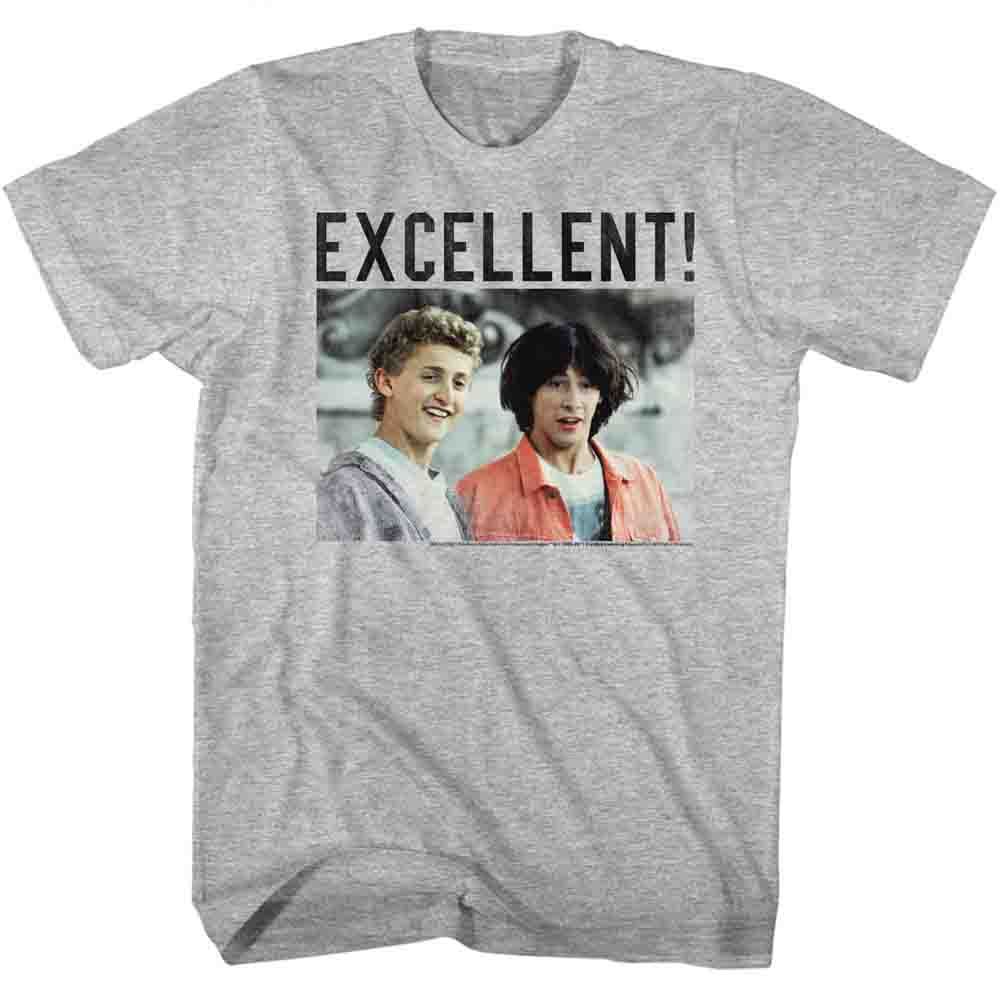 Gray heather Bill & Ted's Excellent Adventure t-shirt featuring Bill and Ted Excellent catchphrase design