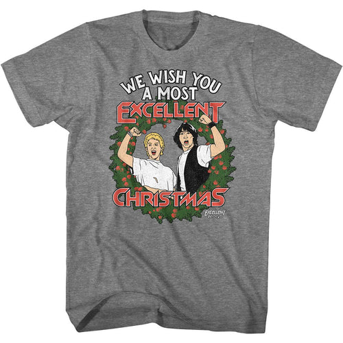 Graphite heather Bill & Ted's Excellent Adventure t-shirt featuring Bill and Ted Excellent Christmas holiday design