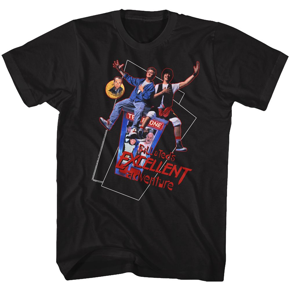 Black Bill & Ted's Excellent Adventure t-shirt featuring Bill and Ted Flying phone booth design