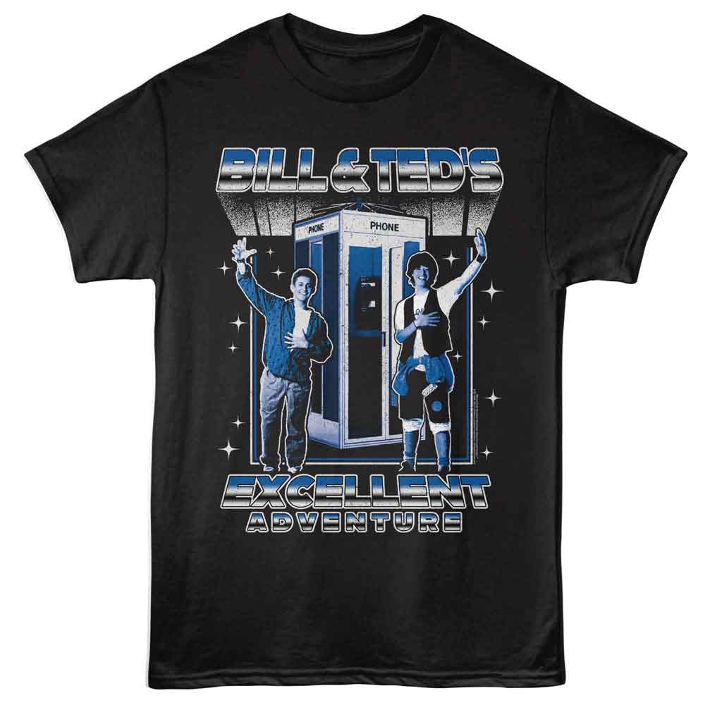 Black Bill & Ted's Excellent Adventure t-shirt featuring Bill and Ted Phone Booth and Stars time travel design