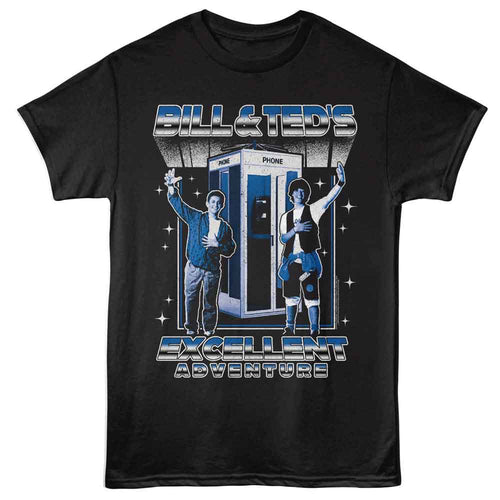 Black Bill & Ted's Excellent Adventure t-shirt featuring Bill and Ted Phone Booth and Stars time travel design