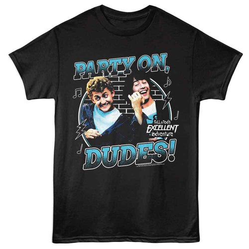 Black Bill & Ted's Excellent Adventure t-shirt featuring Bill and Ted Party On Air Guitar design