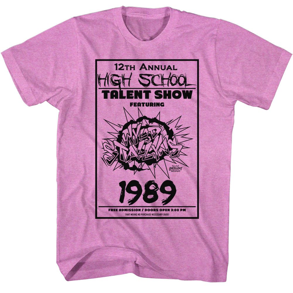Neon purple heather Bill & Ted's Excellent Adventure t-shirt featuring Bill & Ted The Talent Show comedy design