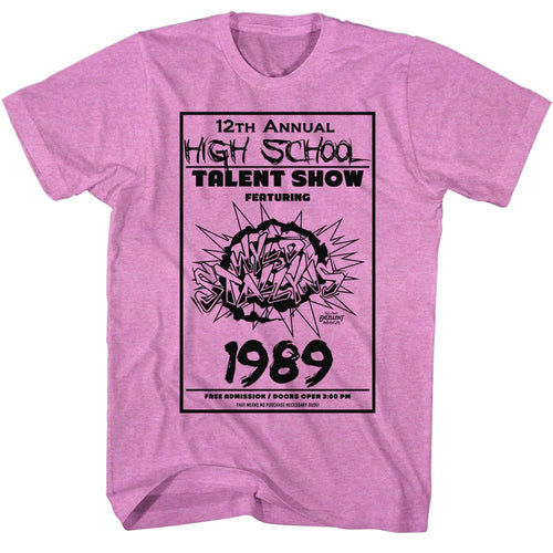 Neon purple heather Bill & Ted's Excellent Adventure t-shirt featuring Bill & Ted The Talent Show comedy design