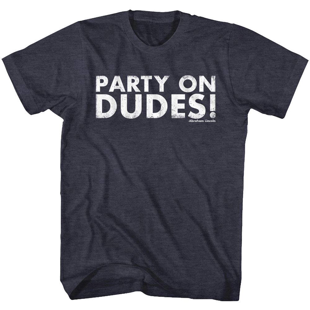 Navy heather Bill & Ted's Excellent Adventure t-shirt featuring Bill and Ted Par Tay party design