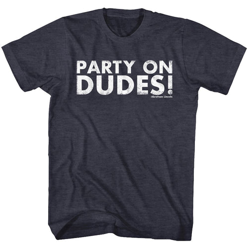 Navy heather Bill & Ted's Excellent Adventure t-shirt featuring Bill and Ted Par Tay party design