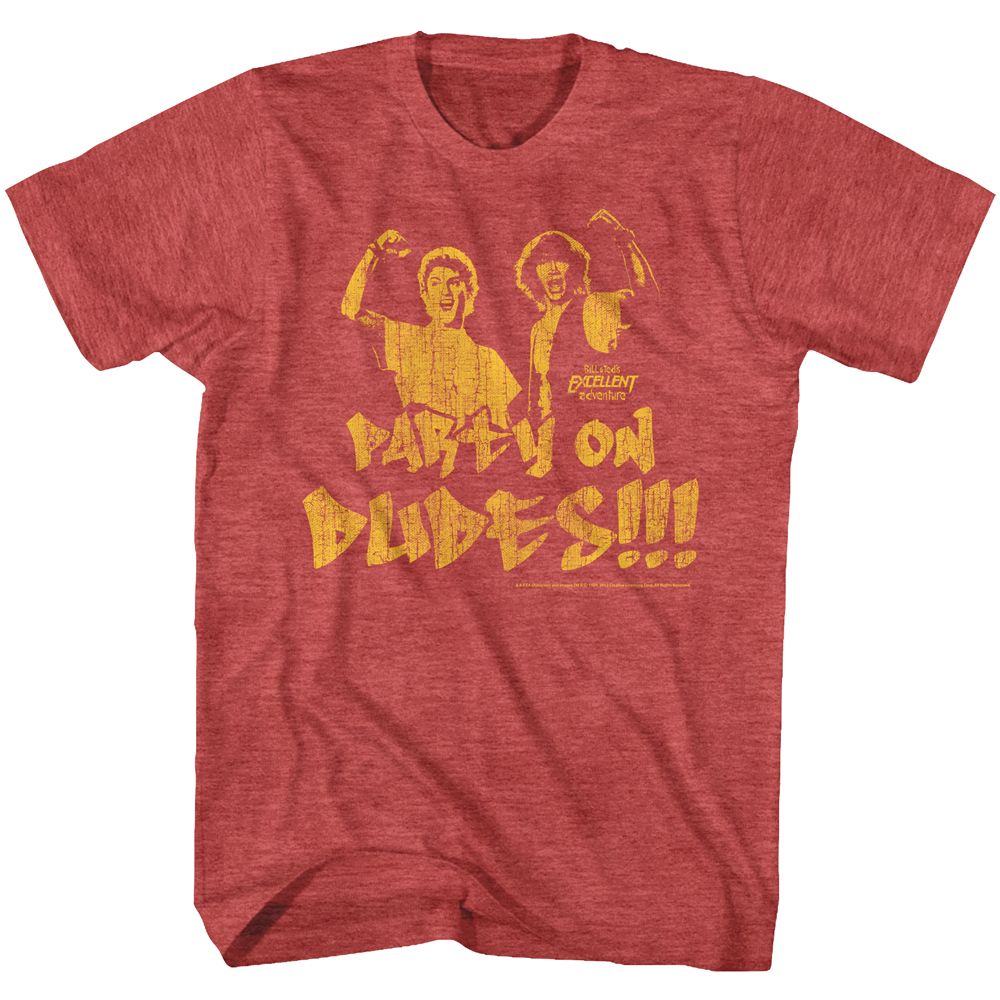 Red heather Bill & Ted's Excellent Adventure t-shirt featuring Bill & Ted Party On Fade comedy design