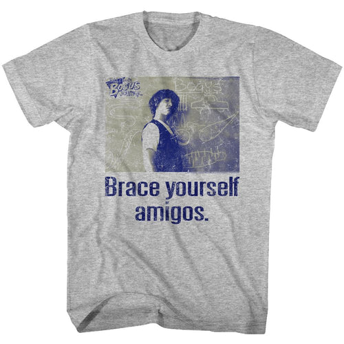 Gray heather Bill & Ted's Excellent Adventure t-shirt featuring Bill & Ted Brace Yourself comedy design