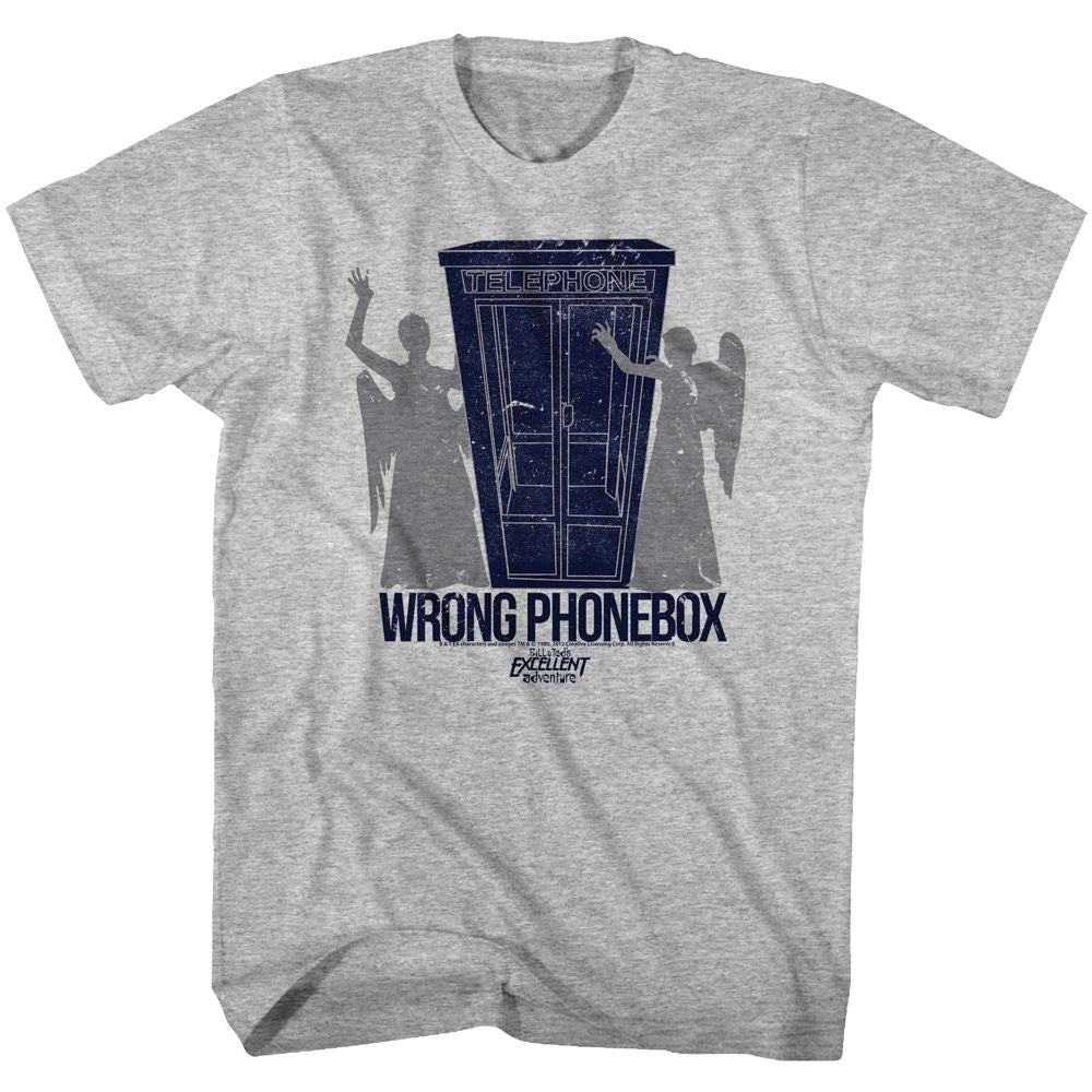 Gray heather Bill & Ted's Excellent Adventure t-shirt featuring Bill & Ted Wrong Phonebox comedy design