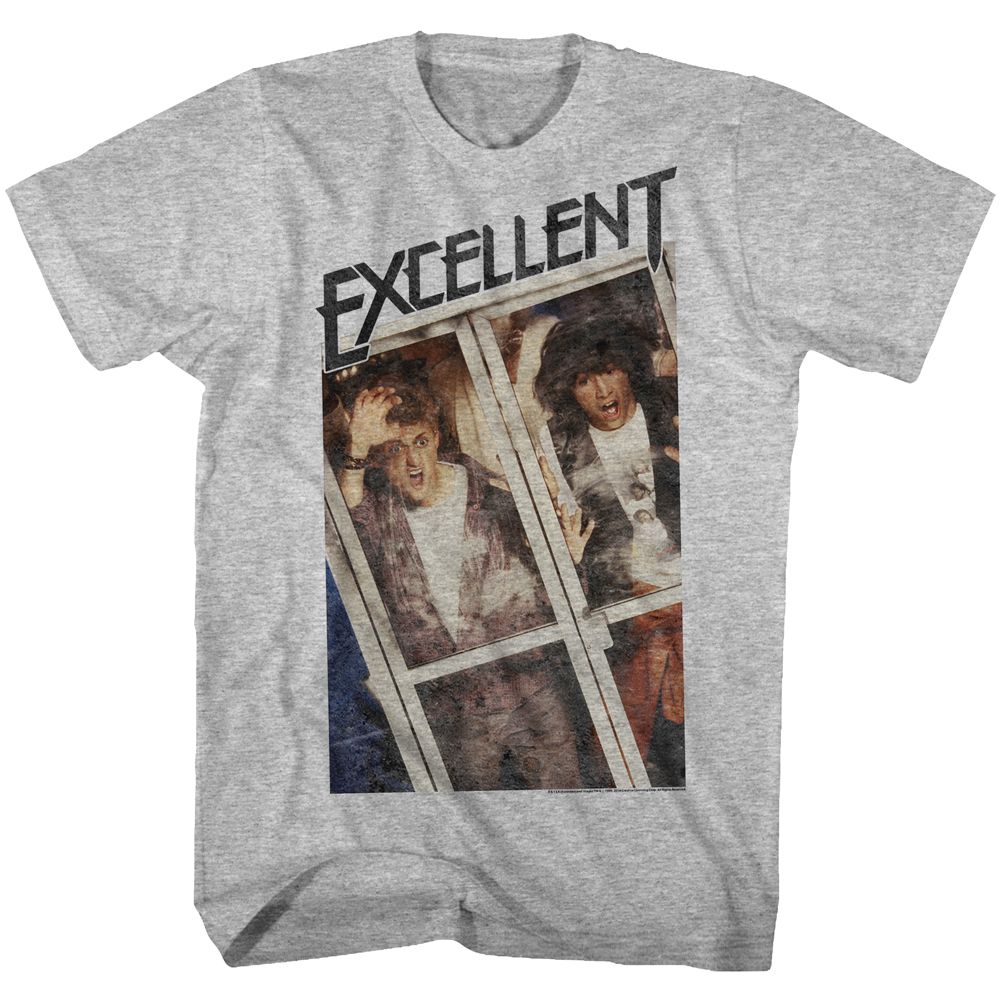 Gray heather Bill & Ted's Excellent Adventure t-shirt featuring Bill and Ted Excellent catchphrase design