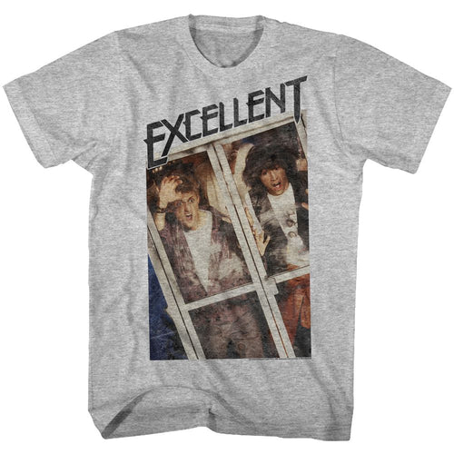 Gray heather Bill & Ted's Excellent Adventure t-shirt featuring Bill and Ted Excellent catchphrase design