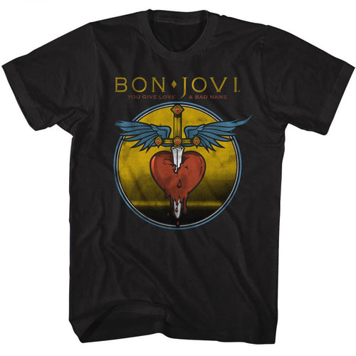 Black Bon Jovi t-shirt featuring Bon Jovi You Give Love A Bad Name 1986 song design