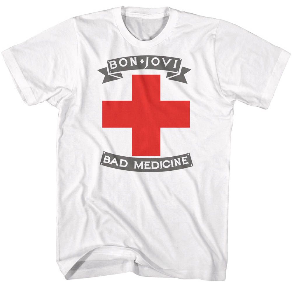 White Bon Jovi t-shirt featuring Bon Jovi Bad Medicine 1988 song design