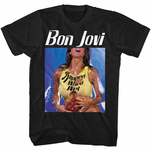 Black Bon Jovi t-shirt featuring Bon Jovi Slippery When Wet variant design