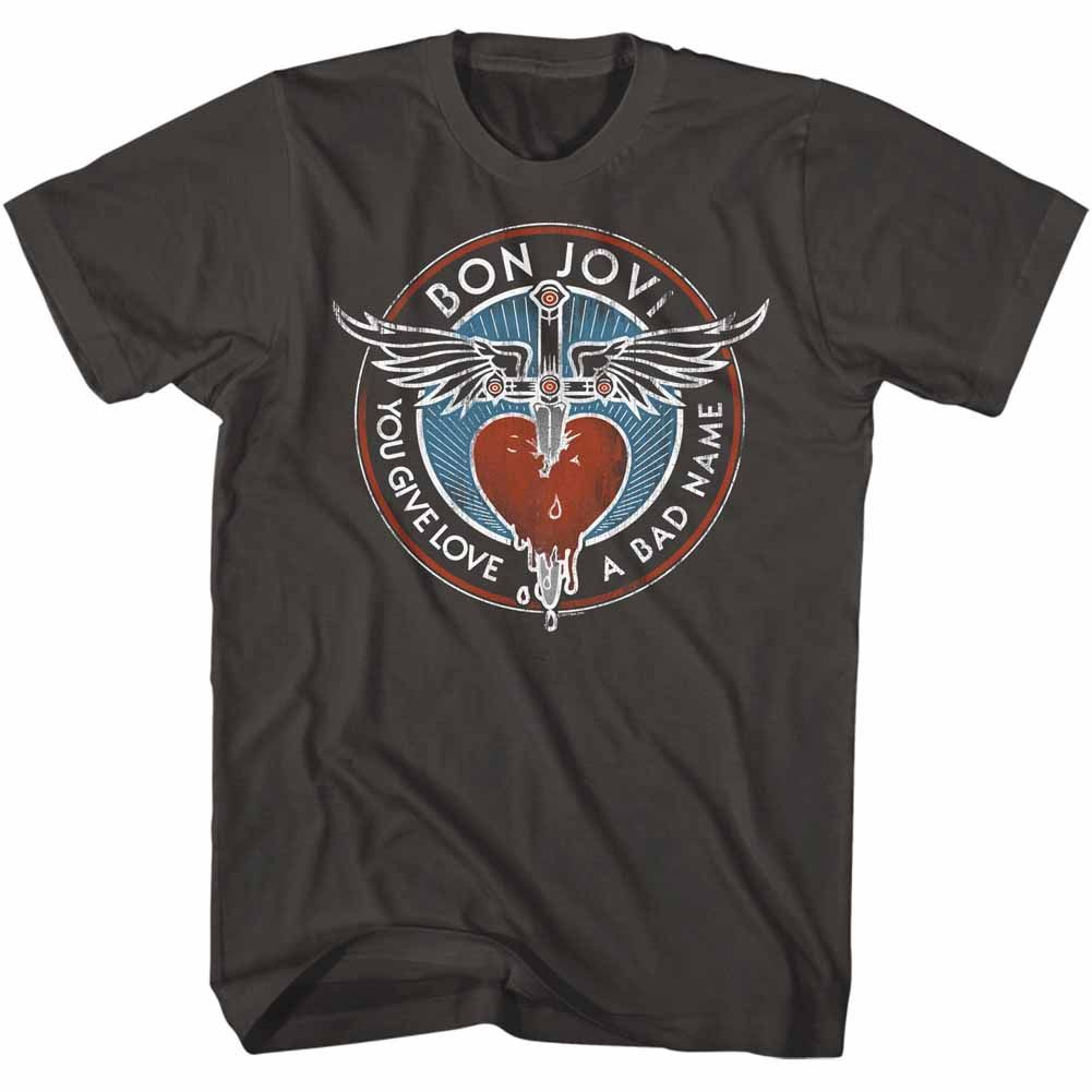 Smoke gray Bon Jovi t-shirt featuring Bon Jovi You Give Love A Bad Name design