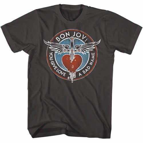 Smoke gray Bon Jovi t-shirt featuring Bon Jovi You Give Love A Bad Name design