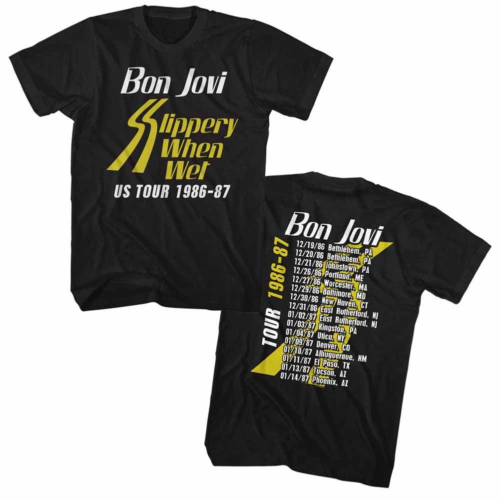 Black Bon Jovi t-shirt featuring Bon Jovi Slippery When Wet Tour 1986-87 front and back design
