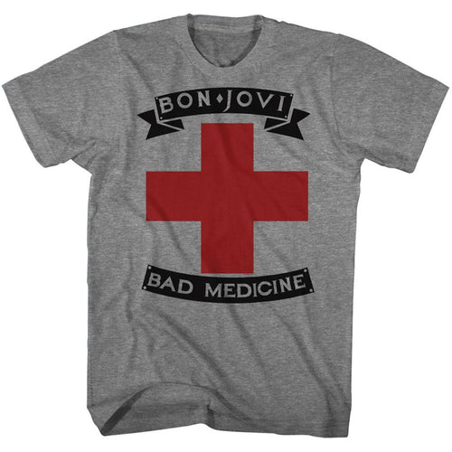 Graphite heather Bon Jovi t-shirt featuring Bon Jovi Bad Medicine 1988 song design