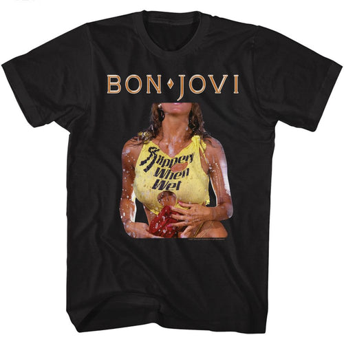 Black Bon Jovi t-shirt featuring Bon Jovi SWW Slippery When Wet design
