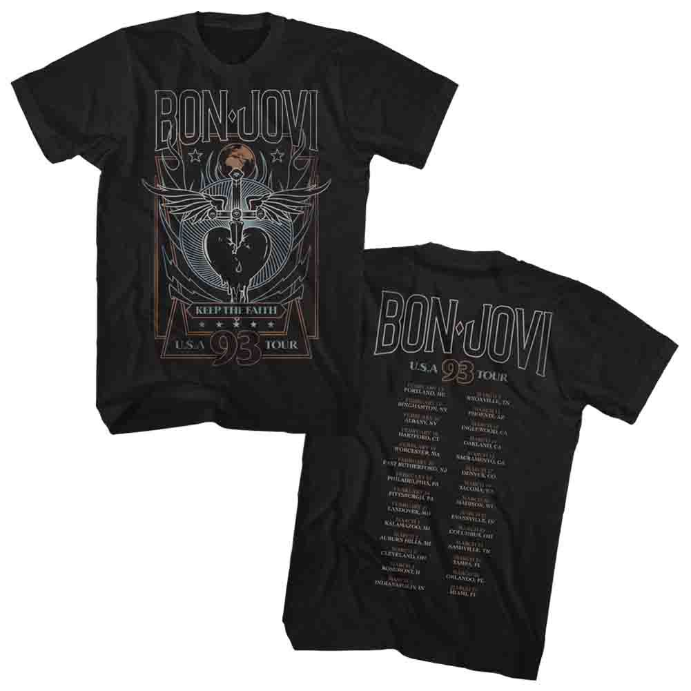 Black Bon Jovi t-shirt featuring Bon Jovi 1993 Keep The Faith Tour front and back design