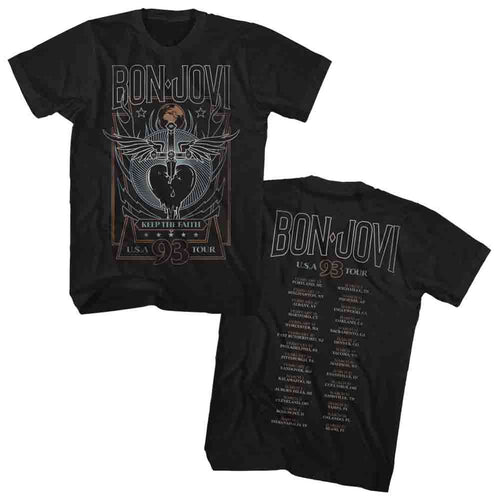 Black Bon Jovi t-shirt featuring Bon Jovi 1993 Keep The Faith Tour front and back design