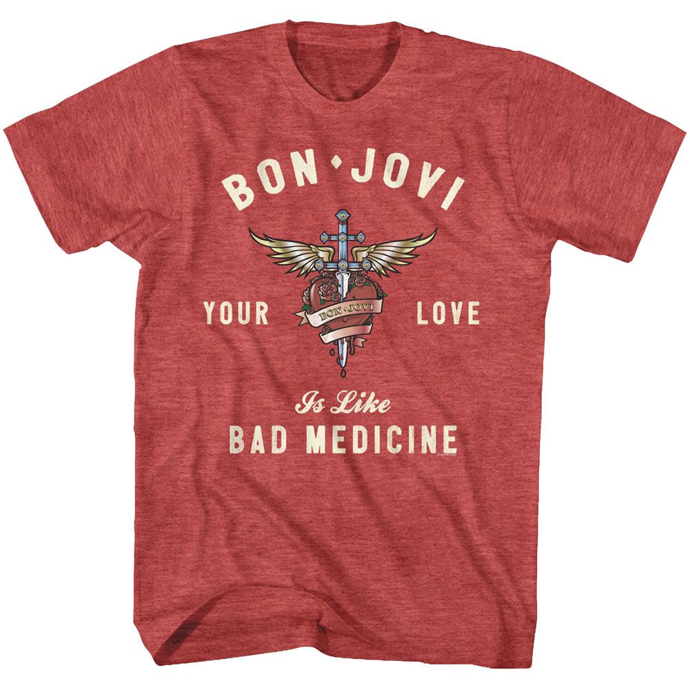 Red heather Bon Jovi t-shirt featuring Bon Jovi Heart And Dagger design
