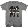 Graphite heather Bon Jovi t-shirt featuring Bon Jovi Livin On A Prayer 1986 song design