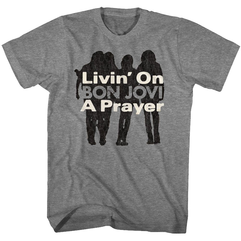 Graphite heather Bon Jovi t-shirt featuring Bon Jovi Livin On A Prayer 1986 song design