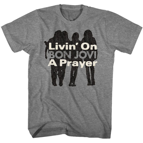 Graphite heather Bon Jovi t-shirt featuring Bon Jovi Livin On A Prayer 1986 song design