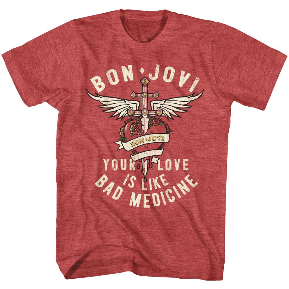 Red heather Bon Jovi t-shirt featuring Bon Jovi Bad Medicine 1988 song design