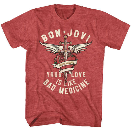 Red heather Bon Jovi t-shirt featuring Bon Jovi Bad Medicine 1988 song design