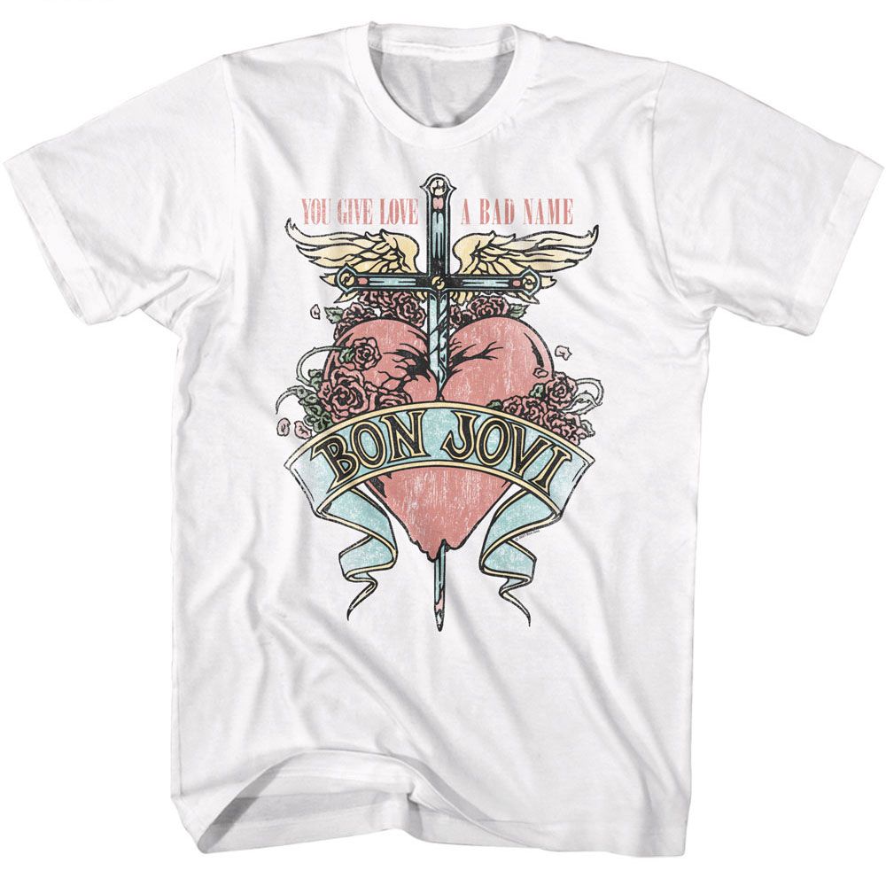 White Bon Jovi t-shirt featuring Bon Jovi Love A Bad Name design