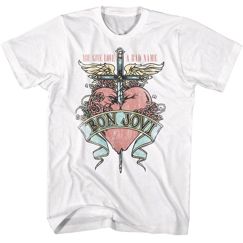 White Bon Jovi t-shirt featuring Bon Jovi Love A Bad Name design
