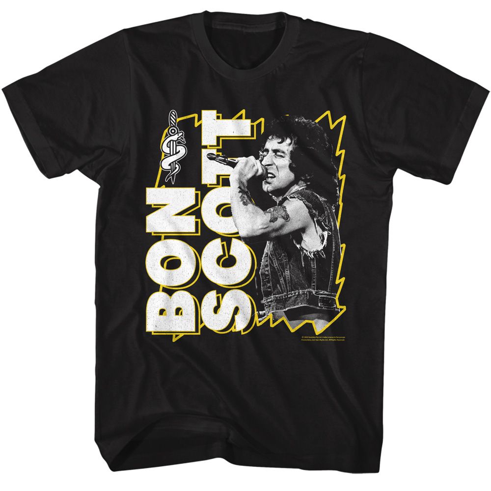 Black Bon Scott t-shirt featuring Bon Scott Lightning Frame AC/DC frontman design