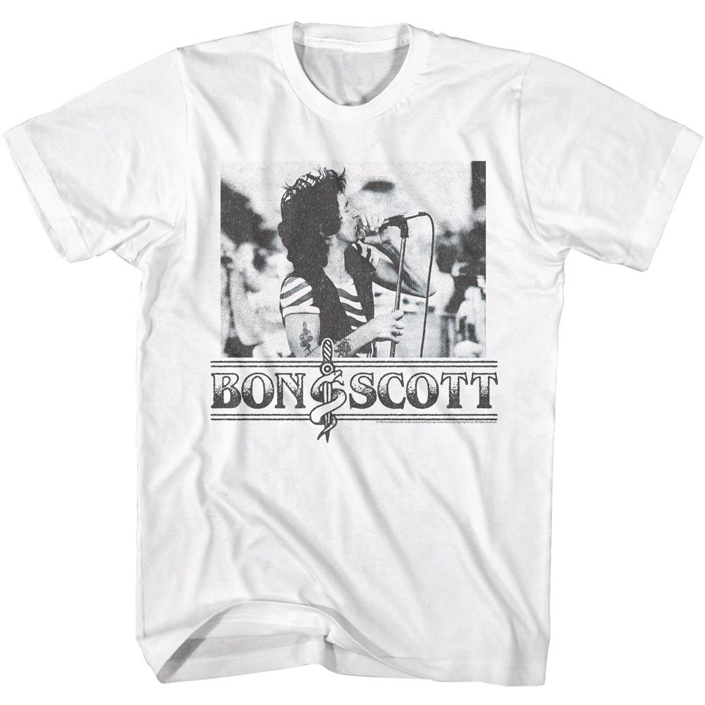 White Bon Scott t-shirt featuring Bon Scott Singing With Microphone live design
