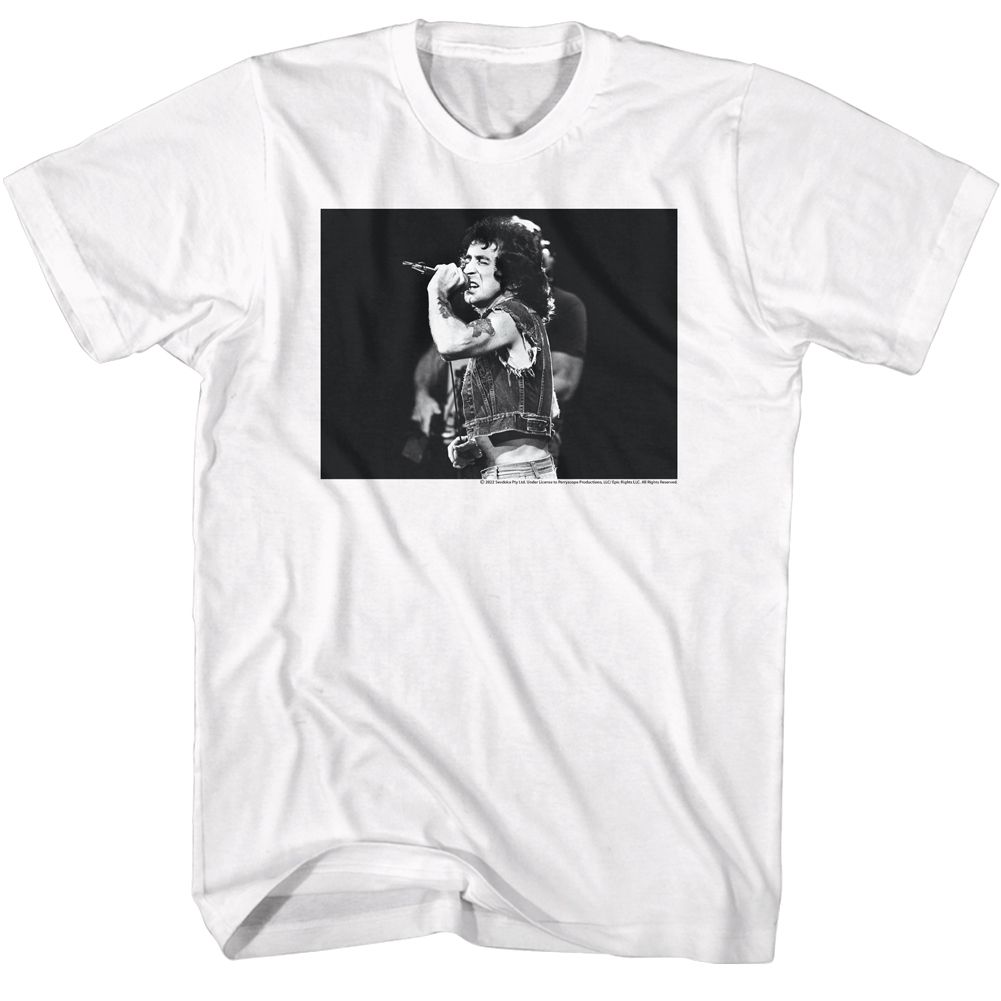 White Bon Scott t-shirt featuring Bon Scott Black And White portrait design