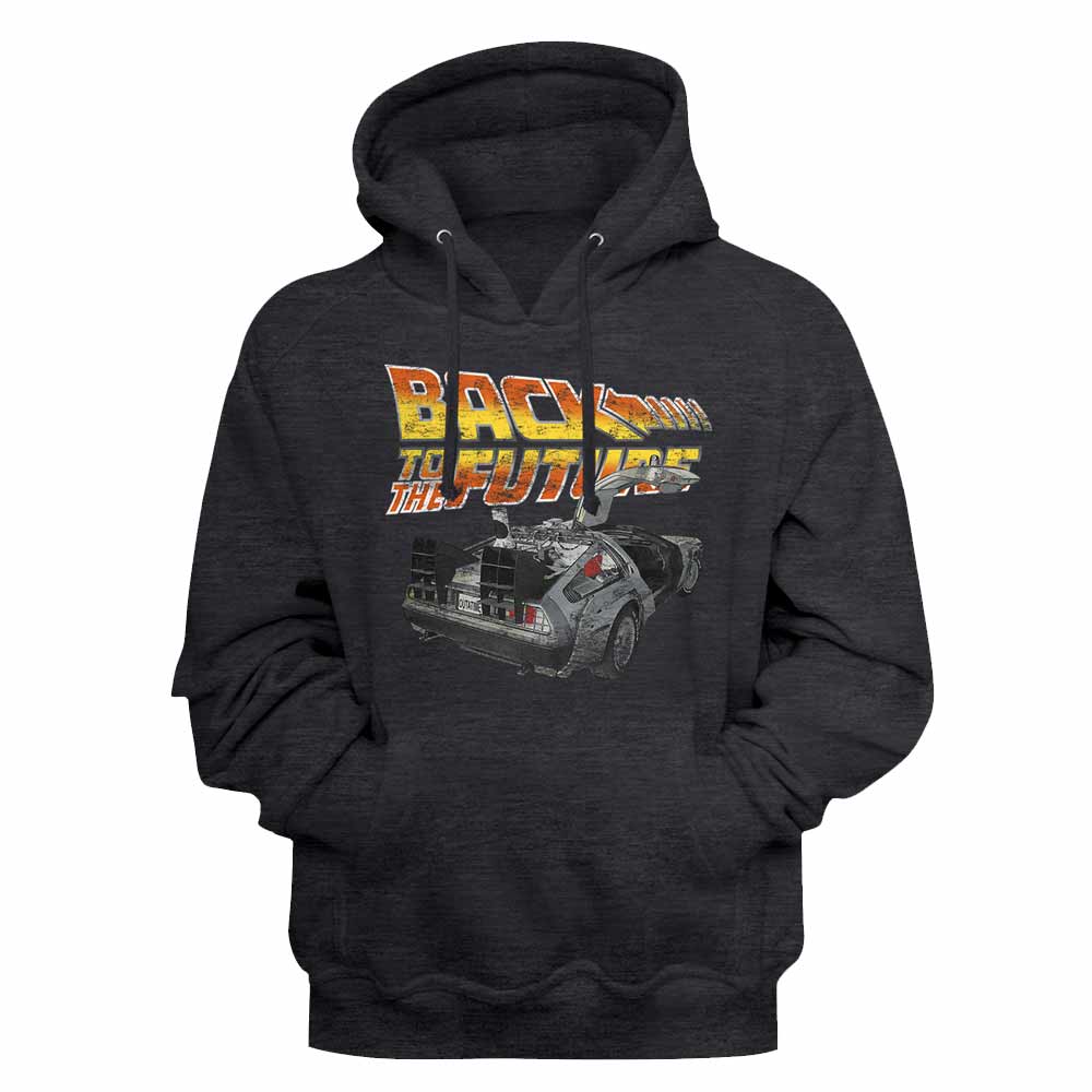 Charcoal Heather Back to the Future pullover hoodie featuring a DeLorean Rear design
