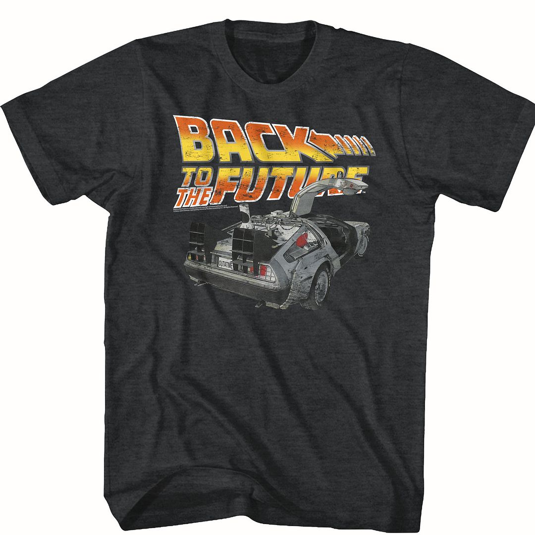 Black heather Back to the Future t-shirt featuring Back to the Future DeLorean DMC-12 design
