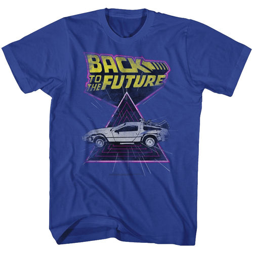 Royal blue Back to the Future t-shirt featuring Back to the Future Speed Demon DeLorean design