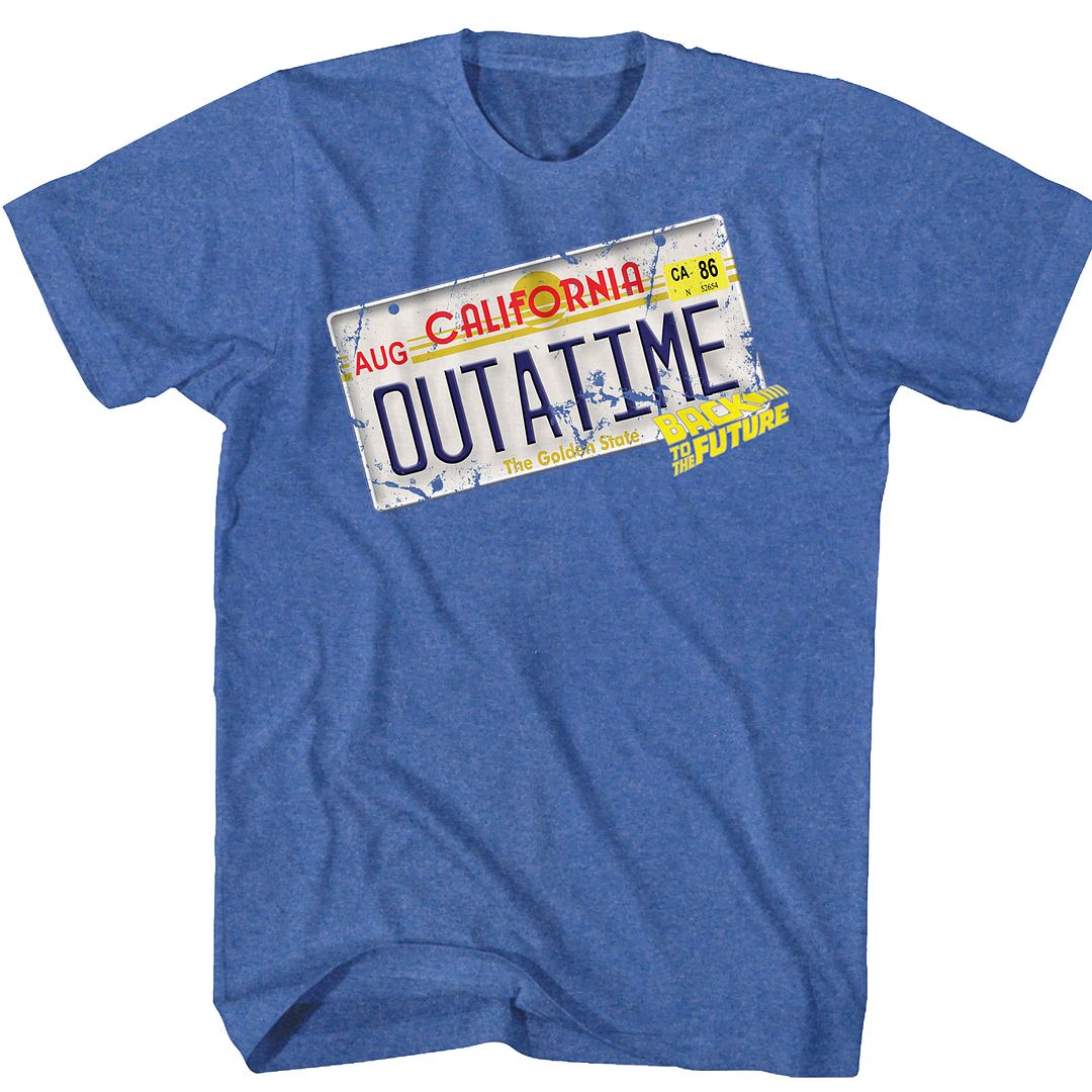 Royal heather Back to the Future t-shirt featuring Back to the Future Outatime license plate design