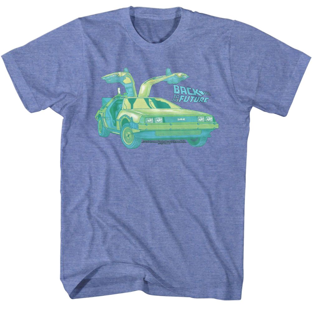 Light blue heather Back to the Future t-shirt featuring Back to the Future Car Chillin DeLorean design