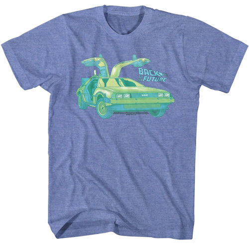 Light blue heather Back to the Future t-shirt featuring Back to the Future Car Chillin DeLorean design