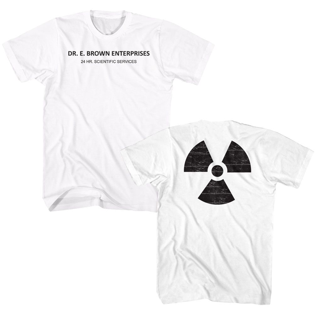 White Back to the Future t-shirt featuring Back to the Future Dr. Brown Enterprises design