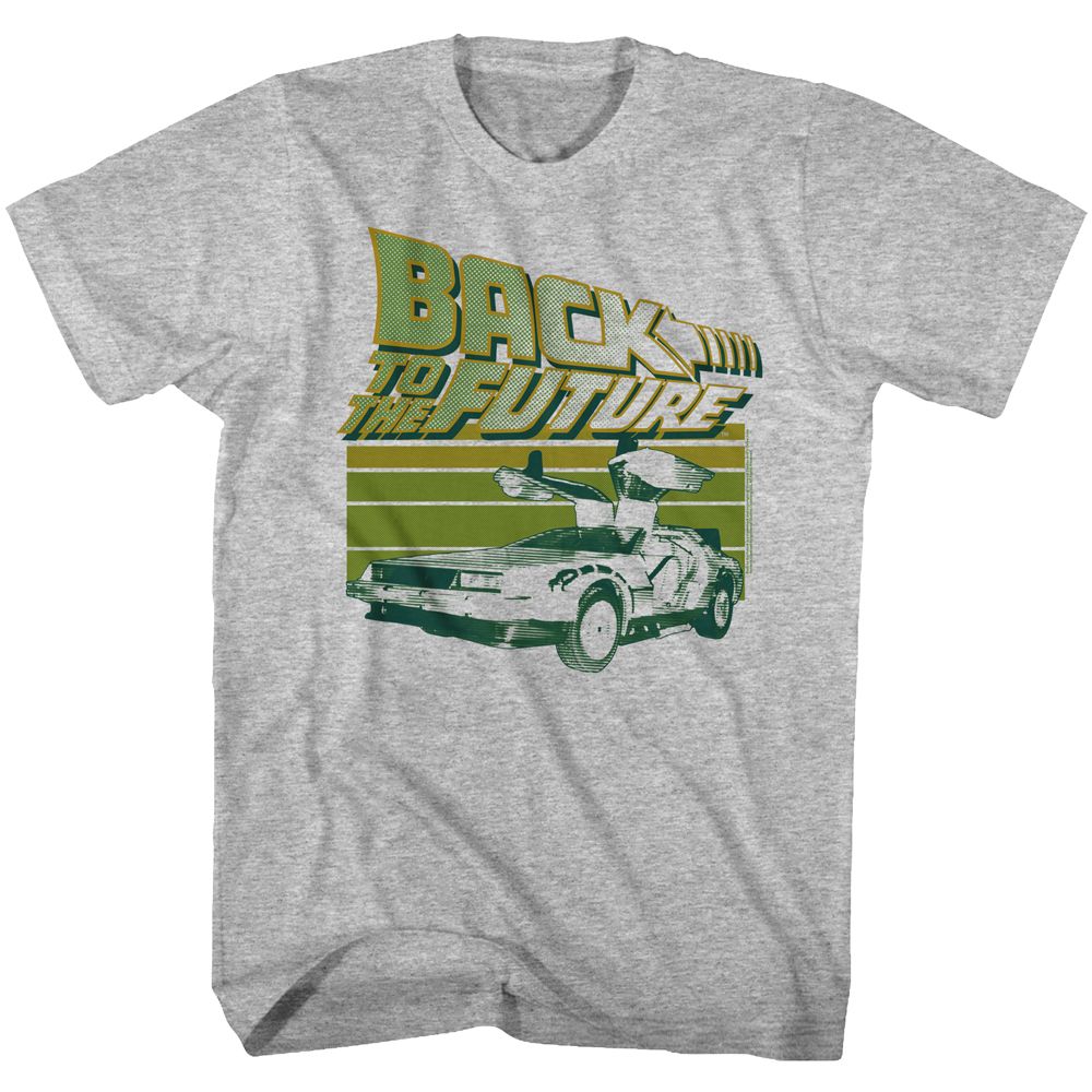 Gray heather Back to the Future t-shirt featuring Back to the Future Green Flight design