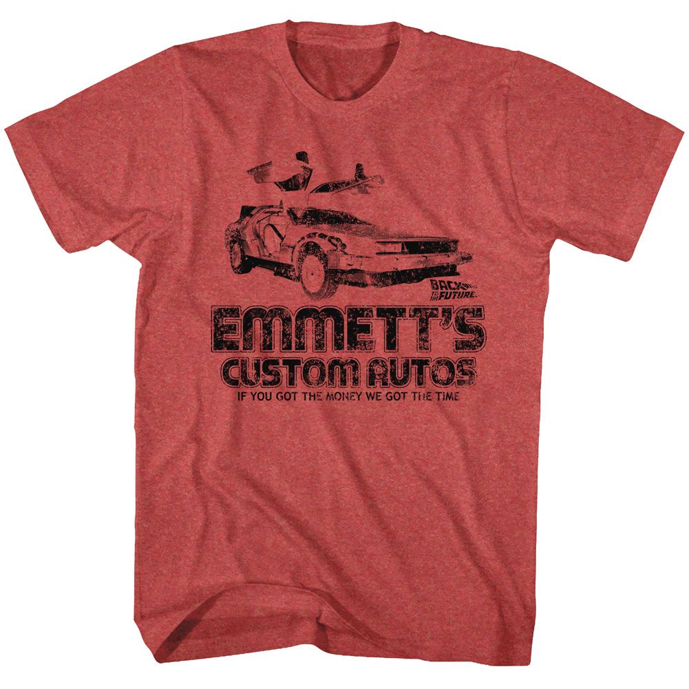 Red heather Back to the Future t-shirt featuring Back to the Future Emmetts Doc Brown design
