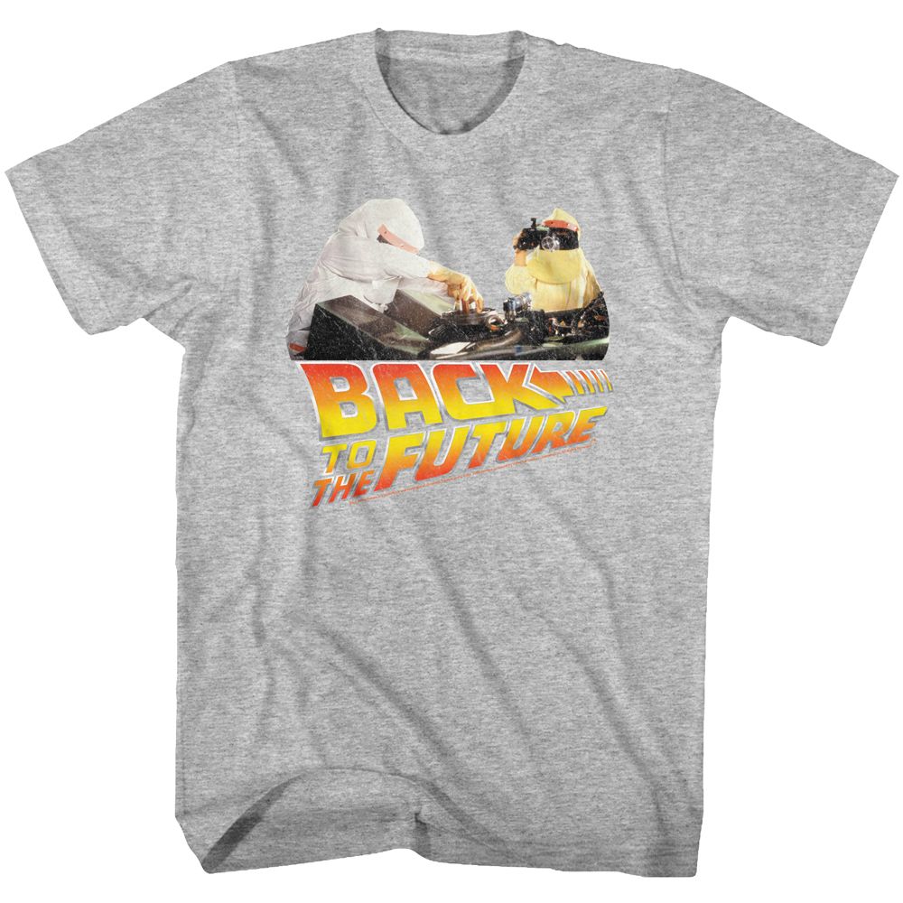 Gray heather Back to the Future t-shirt featuring Back to the Future Working Doc design