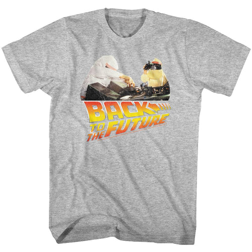 Gray heather Back to the Future t-shirt featuring Back to the Future Working Doc design